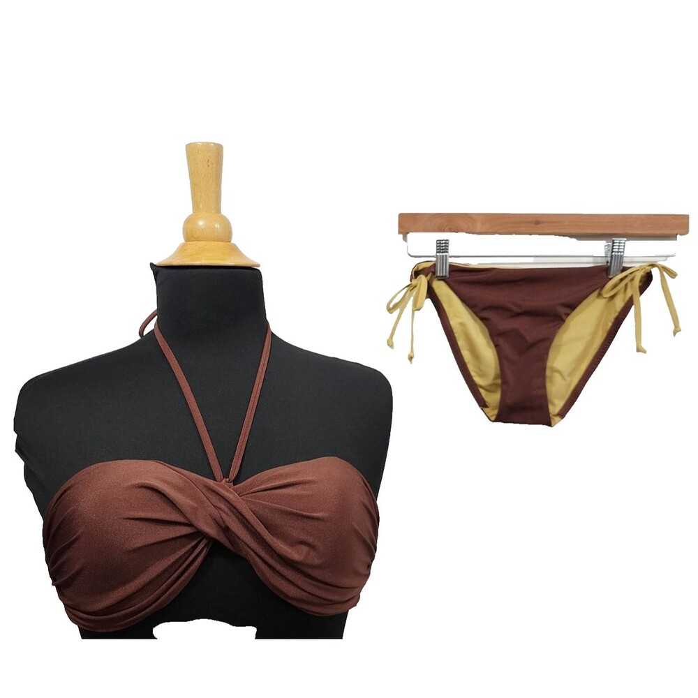 A.CHE Bikini 2pc Set Brown Bandeau Twist-front Top Low-rise Bikini Bottom Size S